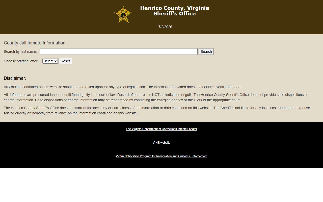 Henrico County Regional Jail East inmate search fields for jail custody lookup