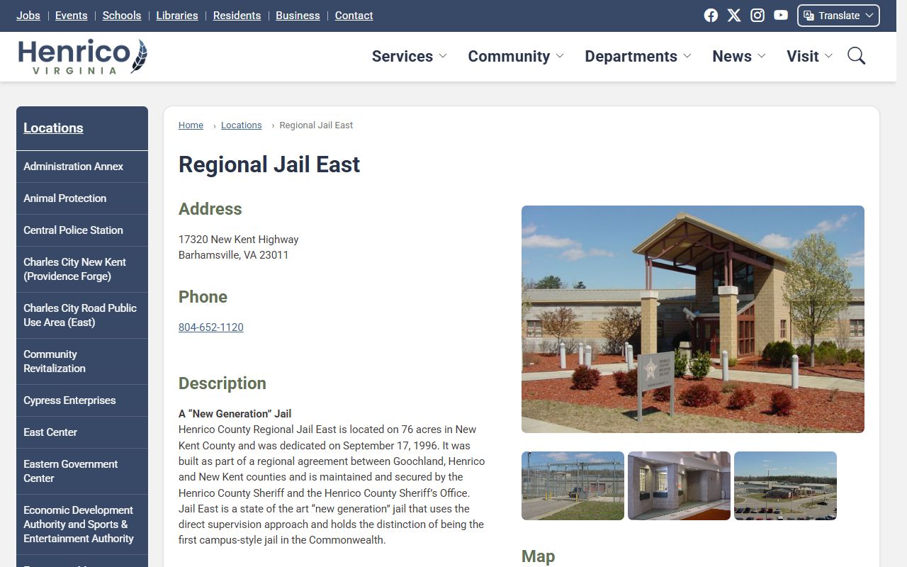 Henrico County Regional Jail East facility page for New Kent County jail location context