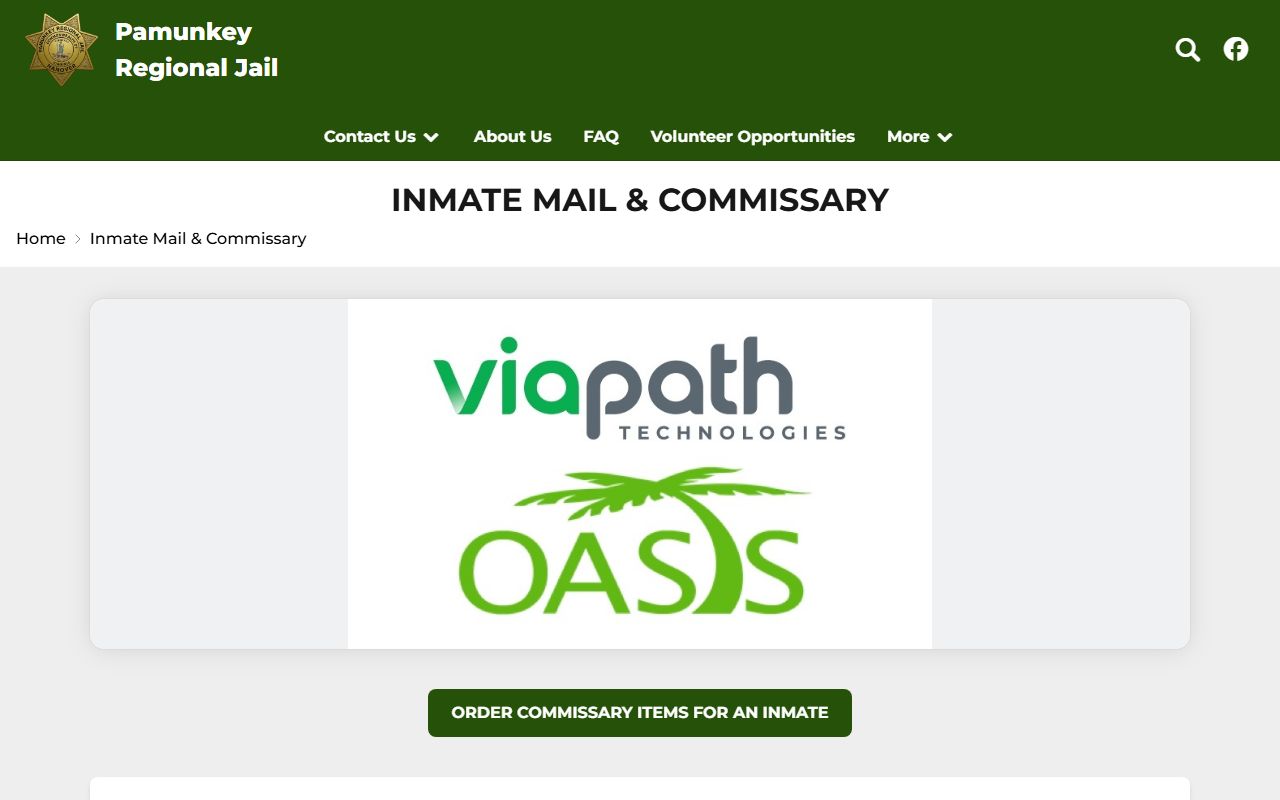 Pamunkey Regional Jail mail commissary and money vendor page