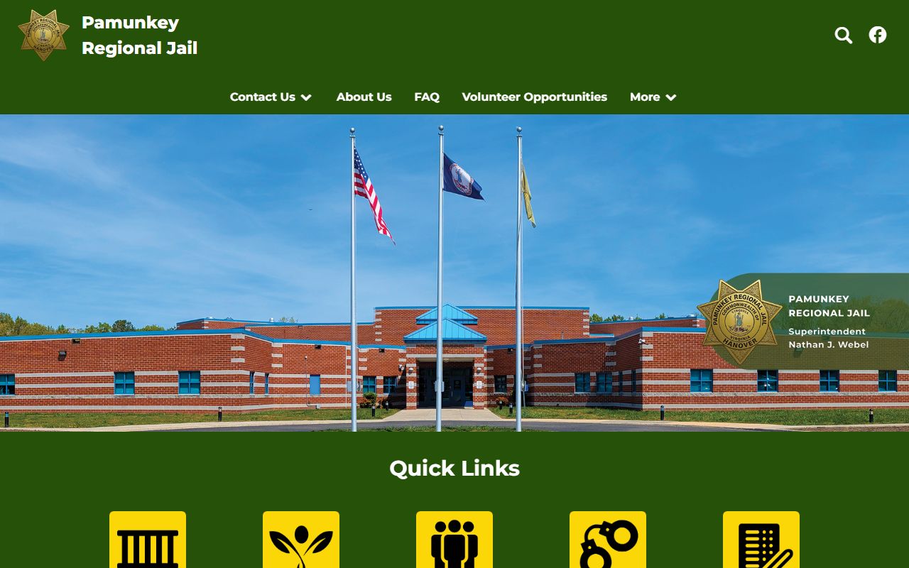 Pamunkey Regional Jail inmate lookup homepage for New Kent County custody