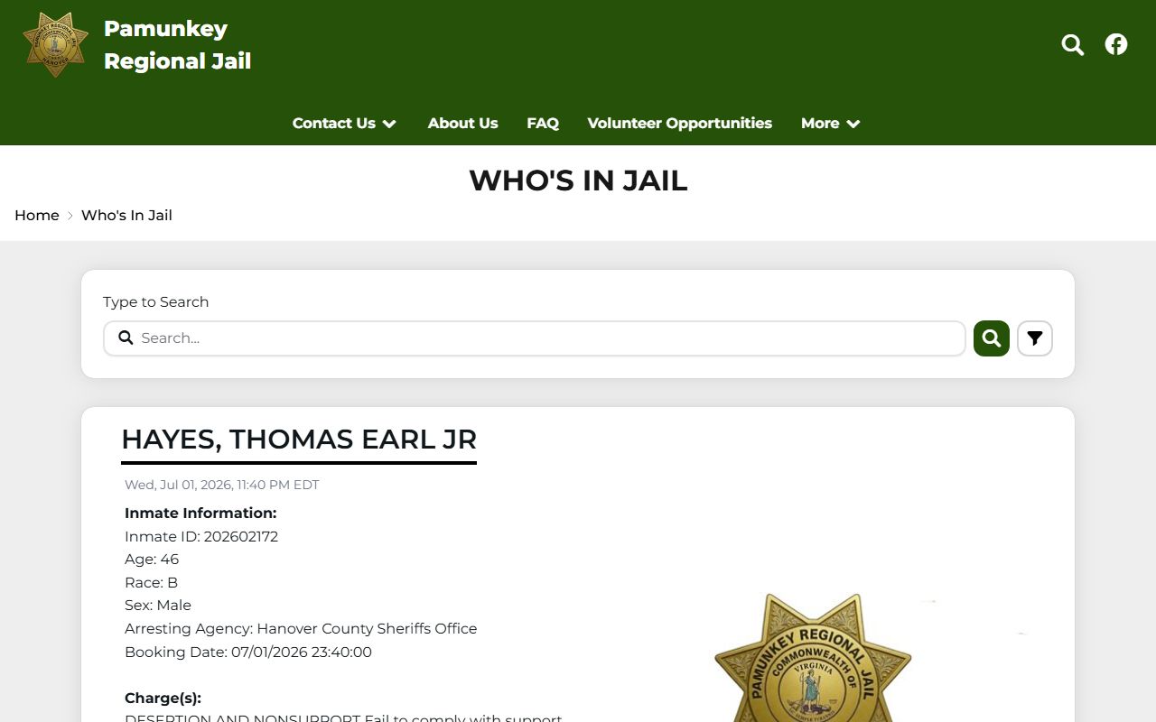 Pamunkey Regional Jail roster for New Kent County inmate search
