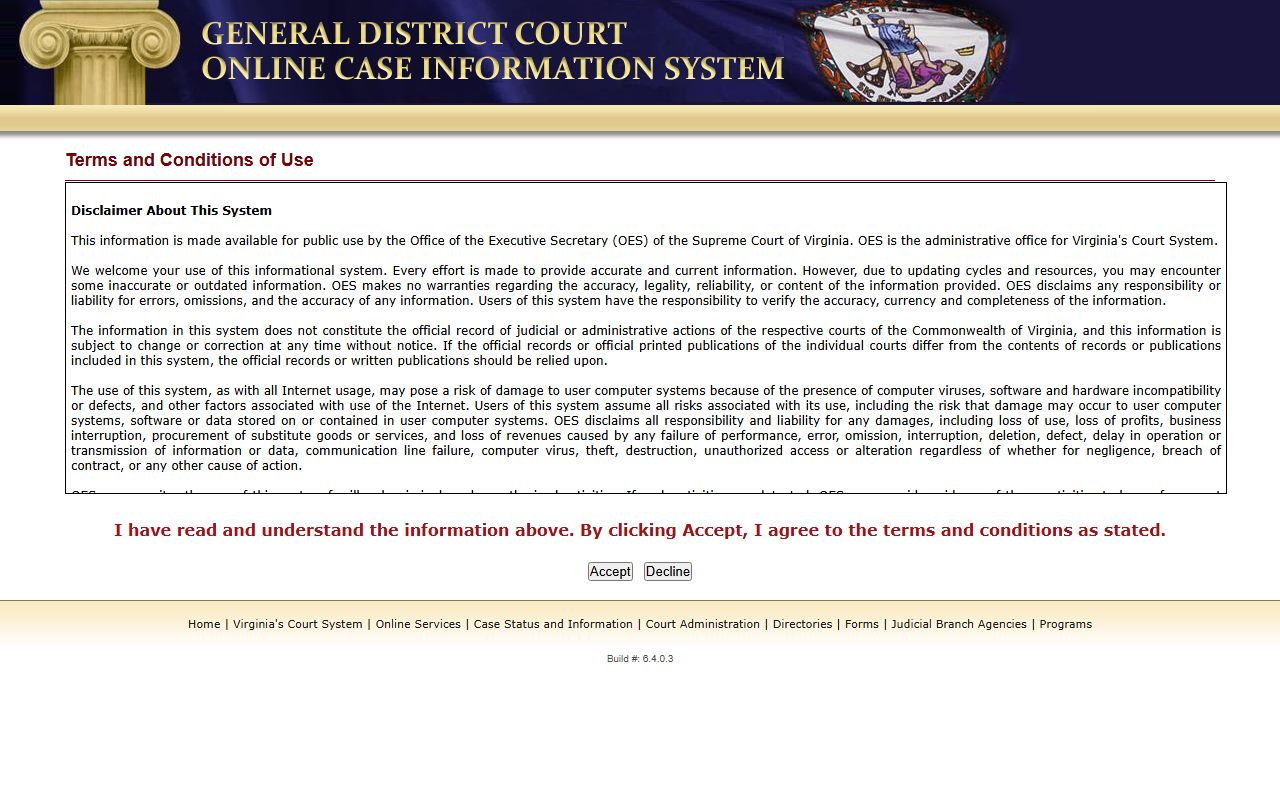 Virginia General District Court case information search page for court records after arrest